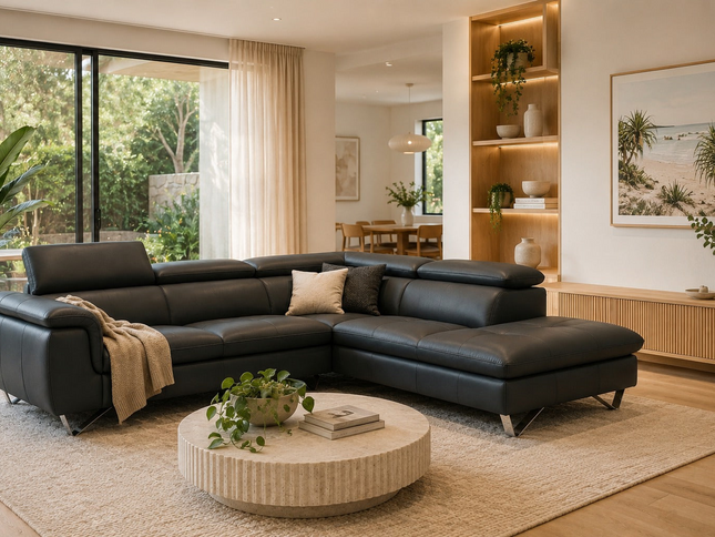 Mawson Right Chaise Leather Lounge - Black