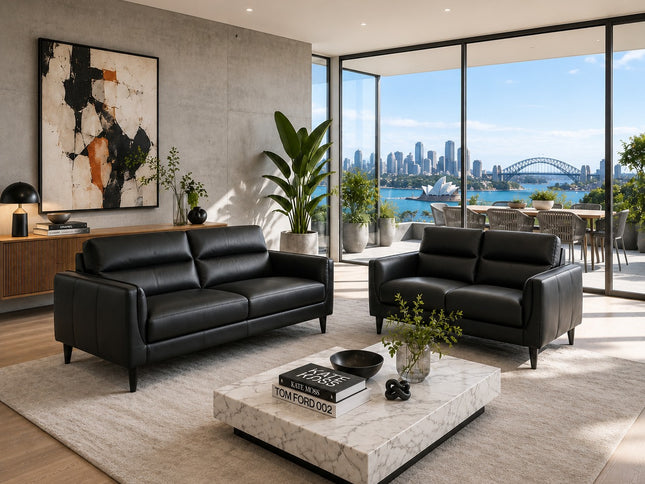 Pearce 2.5 + 2 Seater Leather Lounge Suite - Black