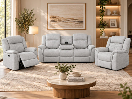 Selby 3+1+1 electric recliner suite in Light Grey Friday fabric with three seater lounge and two powered recliner chairs in a modern living room.