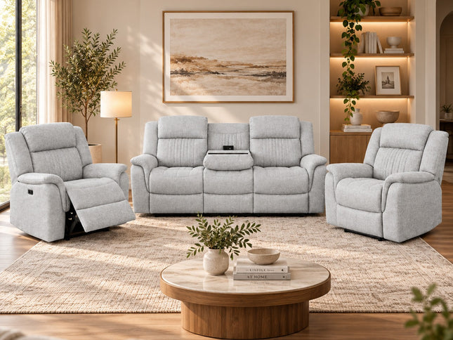Selby 3+1+1 electric recliner suite in Light Grey Friday fabric with three seater lounge and two powered recliner chairs in a modern living room.